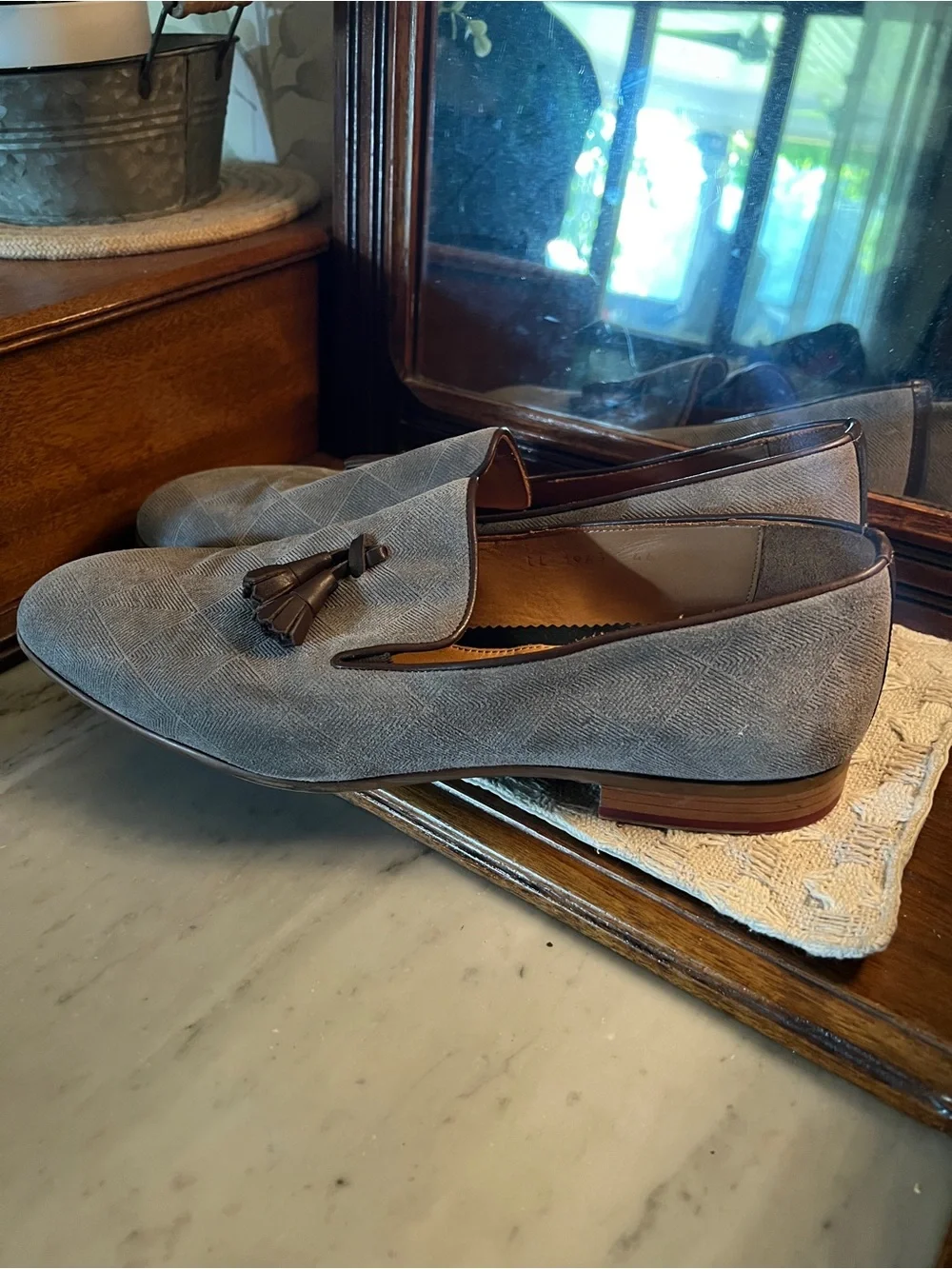 ZERBAY‎ Classic Hekla Patterned Suede Tassel Slip On Loafer Grey Brown Men's 13